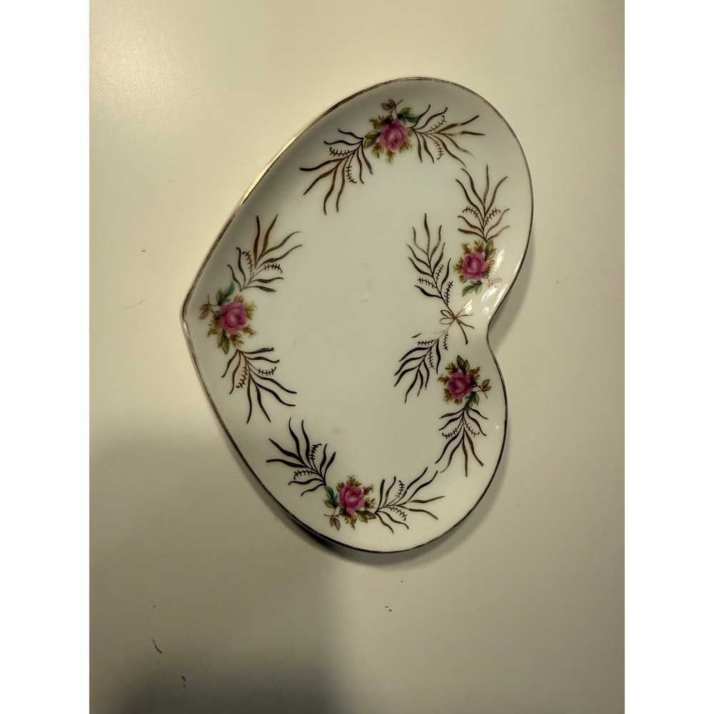Vintage Irice Hand Painted Heart Trinket Dish Pink Roses Gold Trim Porcelain